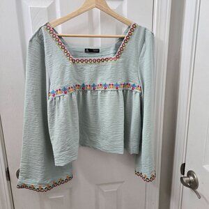 Anewsta Cropped Peasant Top Mint Green Embroidery Square Neckline Flowy Festival